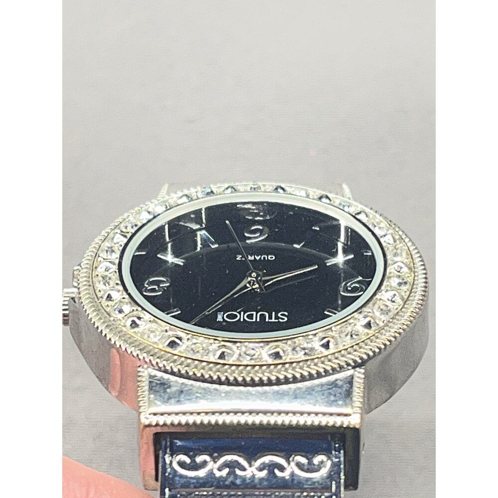 Studio 1 Women’s Rhinestone Bezel Black Dial Cuff Watch AS IS Needs Battery - Picture 6 of 8